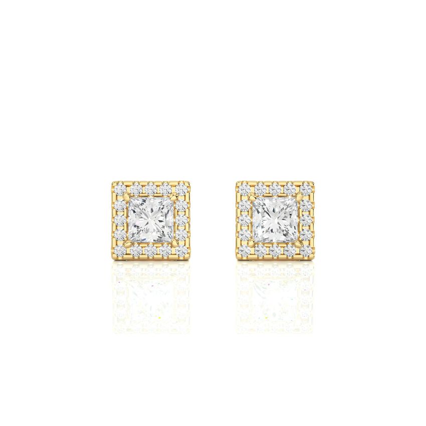 2.15 ct Lab Created Princess Cut Stud Diamond Earrings in Halo Style in Yellow Gold